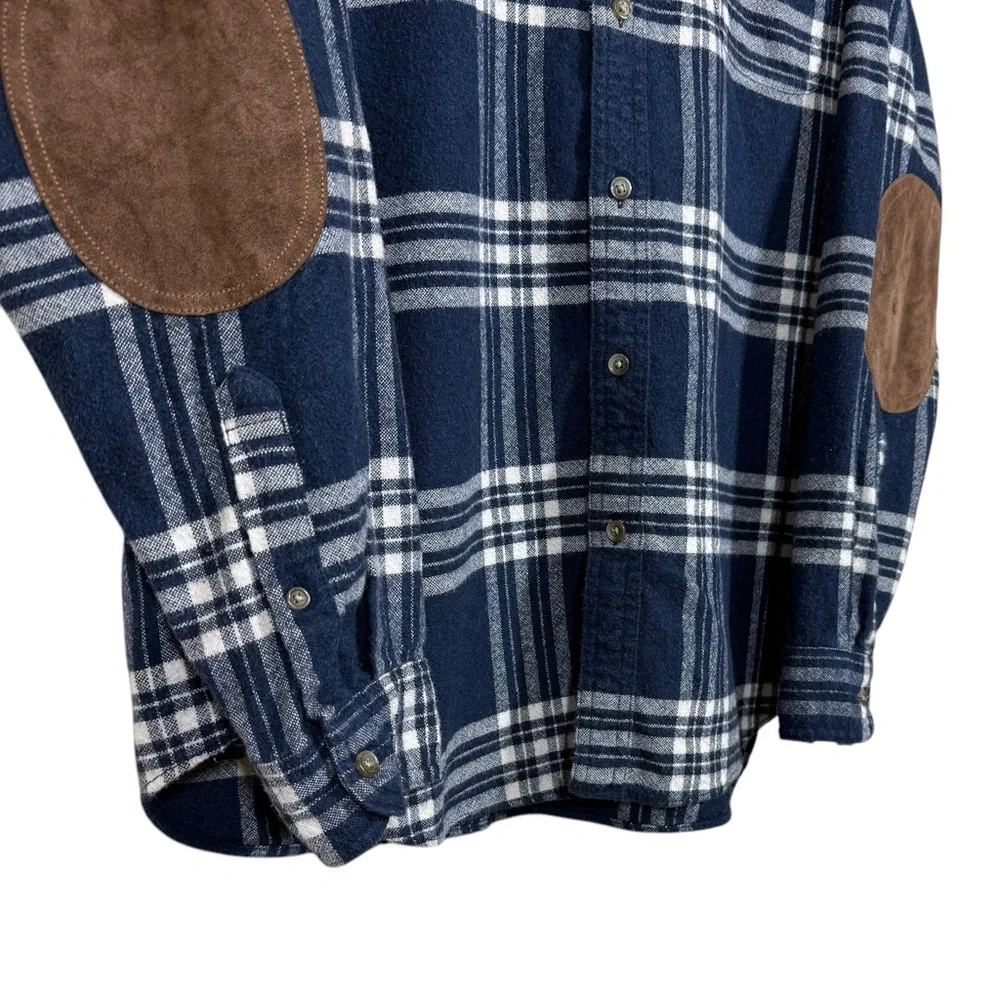 J. Crew Blue And White Plaid Button Down Elbow Patch Flannel Shirt Mens Size XL